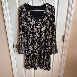 Karen Kane Floral Print Dress Black Beige Long Sleeve‎ Bell Sleeve Ladies Medium